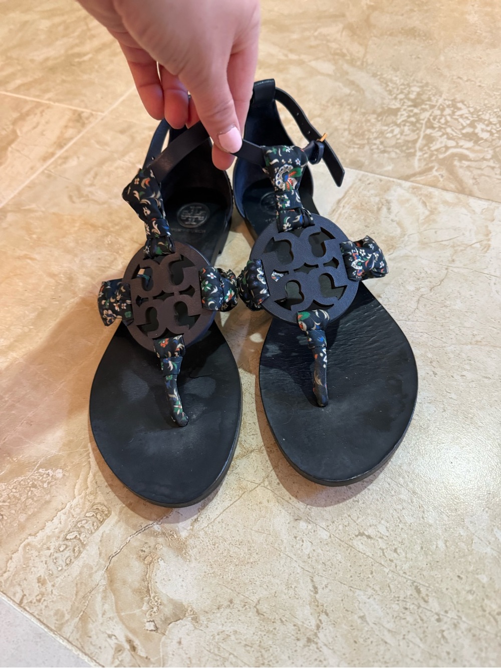Tory Burch Black Logo Thong Sandals with Floral-Print Straps